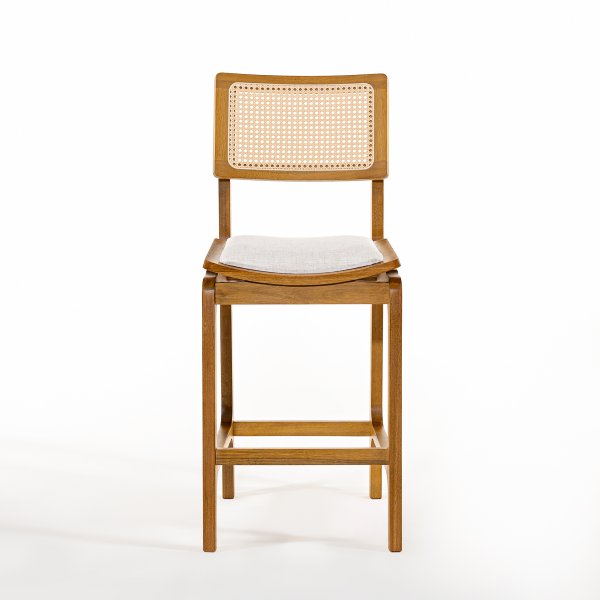 02 banqueta vegas baixa madeira macica com telinha natural sextavada estofada linho palha