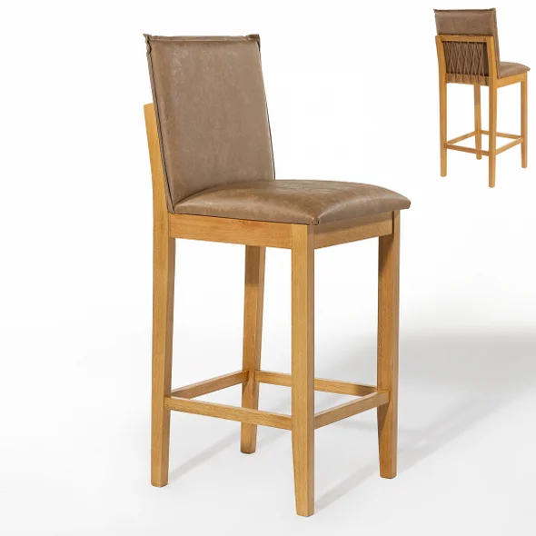 01 banqueta milao madeira macica assento e encosto estofado couro sintetico caramelo