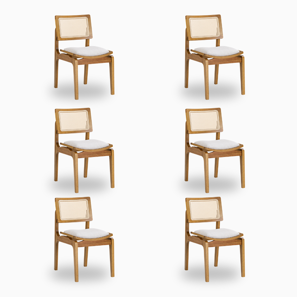 01 kit de 6 cadeira vegas de madeira macica com telinha natural sextavada estofada linho palha