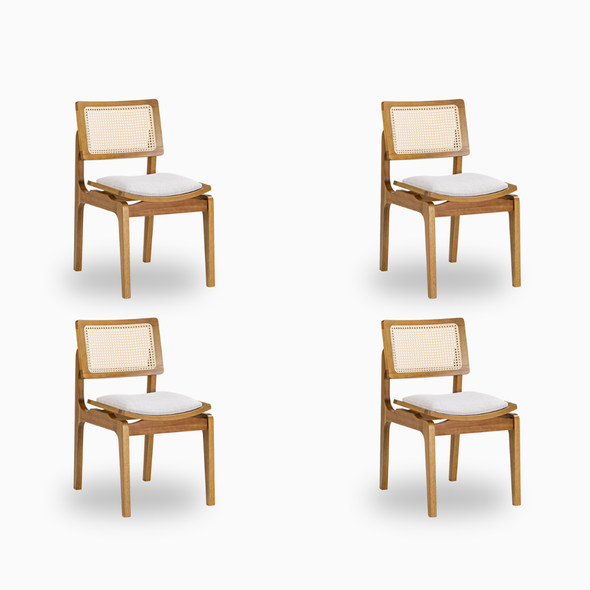 01 kit de 4 cadeira vegas de madeira macica com telinha natural sextavada estofada linho palha