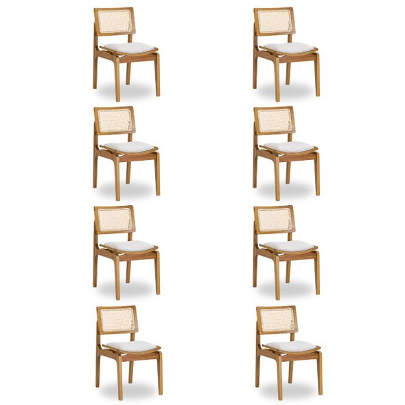 01 kit de 8 cadeira vegas de madeira macica com telinha natural sextavada estofada linho palha